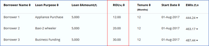 Structure of a multi loan portfolio with varying ROI but same loan amount, tenure and start date