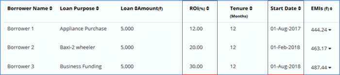 Structure of a multi-loan portfolio with varying ROI and different start dates but same tenure and loan amounts