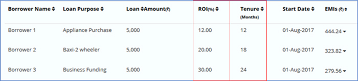 Structure of a multi-loan portfolio with varying ROI and tenure but same loan amount and start dates.  Loan with lowest ROI has the shortest tenure