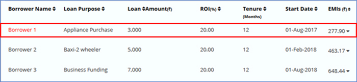 Structure of a multi-loan with different loan amount and start dates but same ROI and tenure.  Loan with the lowest loan amount is considered to have defaulted